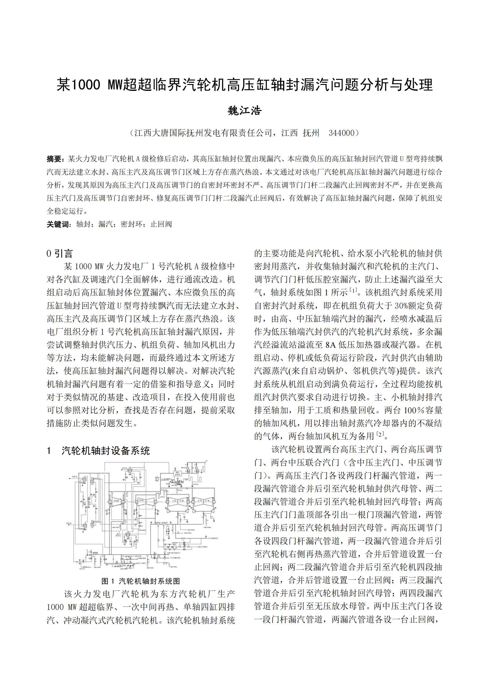 某1000 MW超超临界汽轮机高压缸轴封漏汽问题分析与处理